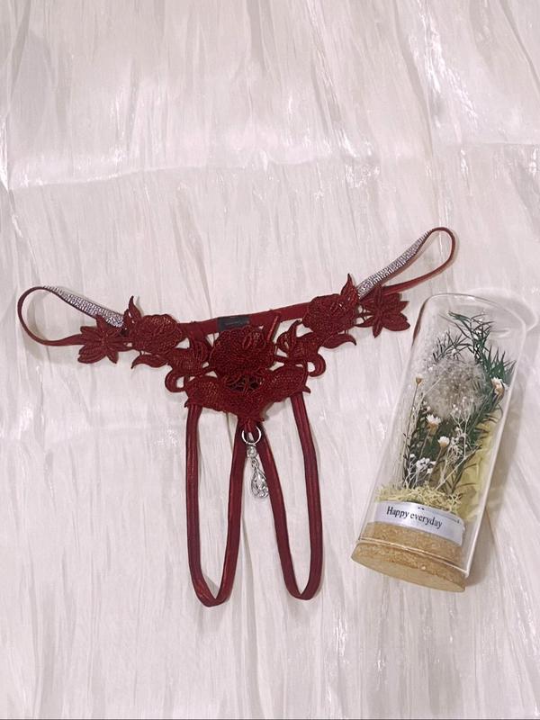 Women's Floral Embroidery Rhinestones Decor Sexy Thong, Sexy Comfy Contrast Lace Panty for Daily Wear, Women's Knicker for All Seasons